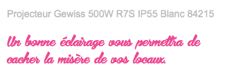 Projecteur Gewiss 500W R7S IP55 Blanc 84215 Un bonne éclairage vous permettra de cacher la misère de vos locaux. 
