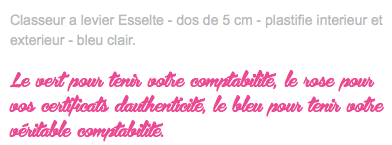 Classeur a levier Esselte - dos de 5 cm - plastifie interieur et exterieur - bleu clair. Le vert pour tenir votre comptabilité, le rose pour vos certificats d'authenticité, le bleu pour tenir votre véritable comptabilité.