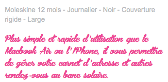 Moleskine 12 mois - Journalier - Noir - Couverture rigide - Large Plus simple et rapide d ' utilisation que le Macbook Air ou l ' IPhone, il vous permettra de gérer votre carnet d ' adresse et autres rendez-vous au banc solaire.